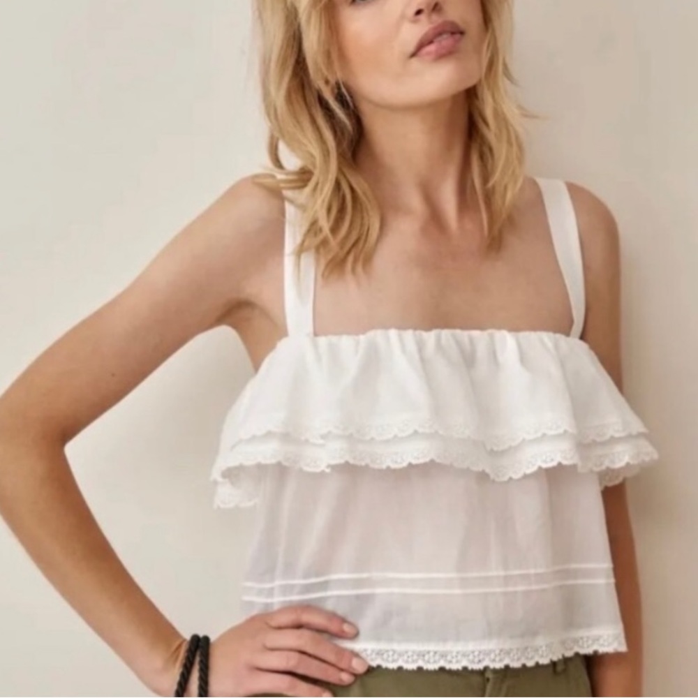 NWT Reformation Tarragon White Ruffle Crop Top Shirt Sustainable Fashion XS